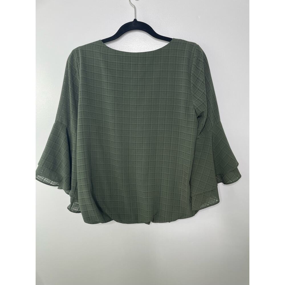 Alyx Blouse Pleated Front Plaid Bell Sleeve Elastic Hem Round Neck Green Medium - Picture 8 of 11